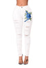 Double Rose Embroidery Distressed Skinny Jeans