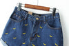 Denim Shorts Women Summer Banana Flower Embroidery