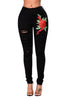Double Rose Embroidery Distressed Skinny Jeans