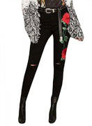 Double Rose Embroidery Distressed Skinny Jeans