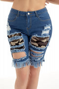 Blue Camo Patchwork Frayed Cutout Denim Shorts