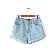 Denim Shorts Women Summer Banana Flower Embroidery
