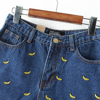 Denim Shorts Women Summer Banana Flower Embroidery