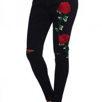 Double Rose Embroidery Distressed Skinny Jeans