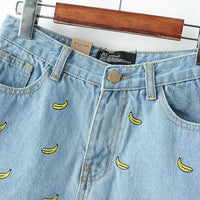 Denim Shorts Women Summer Banana Flower Embroidery