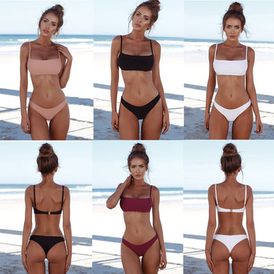 Split solid color bikini tight swimsuit backless