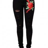 Double Rose Embroidery Distressed Skinny Jeans
