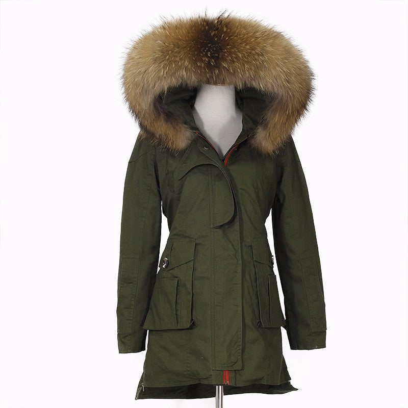 Soperwillton New 2017 Winter Jacket Women Real Large Raccoon Fur Collar Thick Loose size Coat outwear Parkas Army Green #A050