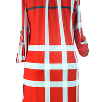 Red Plaid Roll up Sleeves Arched Hemline Dress